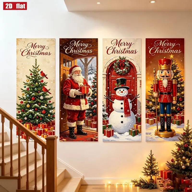 VIKAMA Merry Christmas Wall Hanging Christmas Tree Santa Snowman Nutcracker Vertical Banner Living Room Xmas Decor Holiday