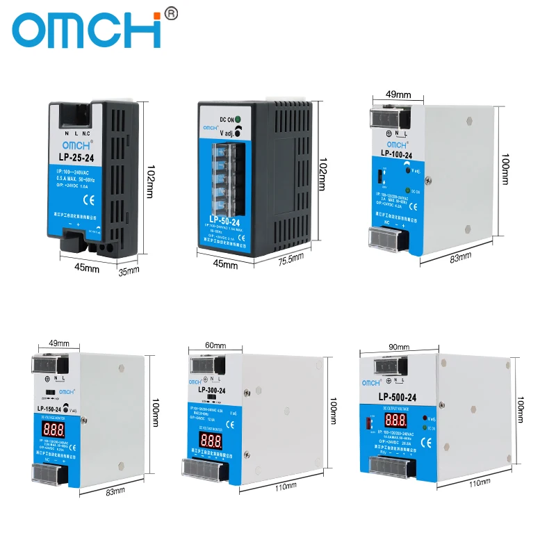 OMCH Din-rail Digital Display LP-25W/50W/100W/150W/300W/500W Output 12V 24V Input 100-240VAC Output Switching Power Supply SMPS