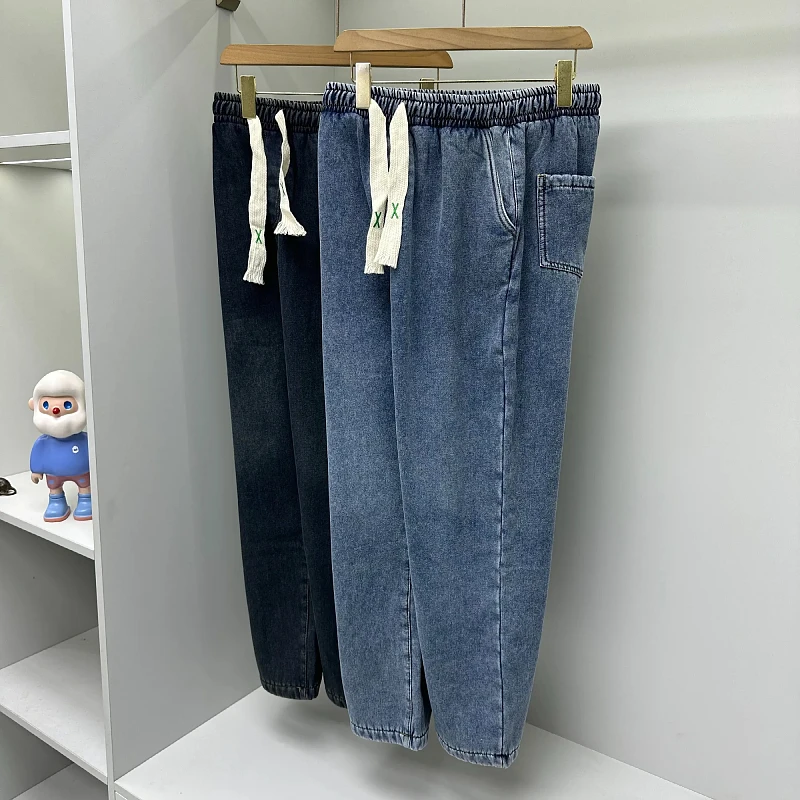 

Men's Casual Fce Lined Elastic Waist Straight Leg Jeans Waed Cotton Polyester Blend Warm Autumn Winter Slim Fit Trousers