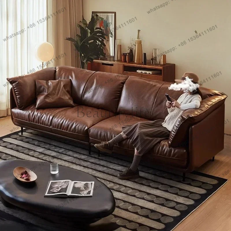zj.Retro Nordic oil wax leather sofa small apartment down straight leather French antique sofa