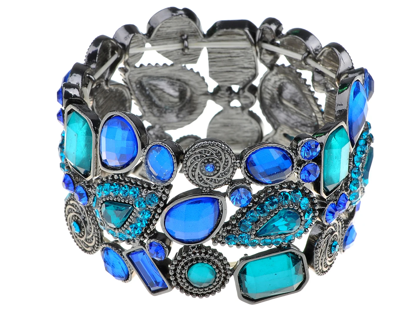 Antique Silvery Tone Blue Rhinestones Adjustable Stretch Cuff Bangle Bracelet