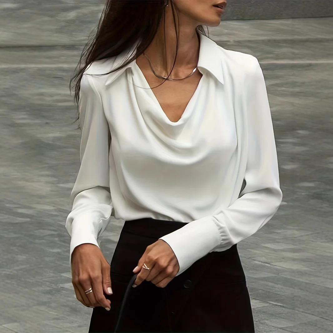 

2025 Fashion White Cowl Neck Fold-Over Collar Blouse Women Spring Autumn Long Sleeve Office Shirt Elegant Solid Color Top Female
