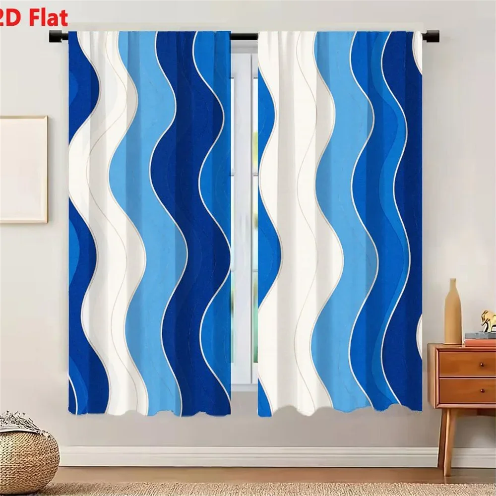 Modern Blue and White Wave Pattern Curtains for Living Room Bedroom Home Decor Light Filtering Curtains