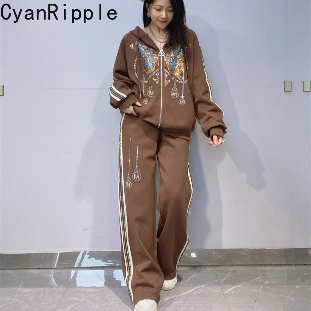 New Autumn Women Sports Sets Luxury Butterfly Hot Diamonds Hooded Long Sleeve Hoodie Coat + Elastic Waist Wide Leg Casual Pants
