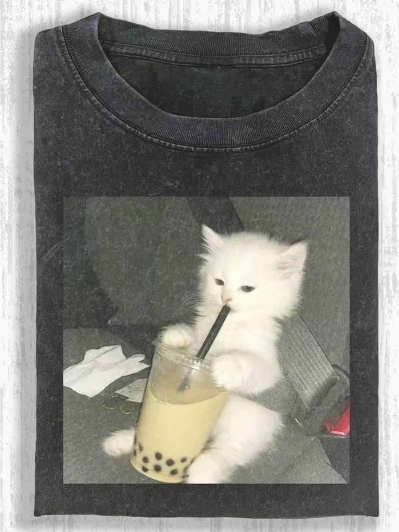 Cute Tops Daily Life Drink Bubble Tea Cat Graphic T-Shirt, Retro Washed Crew Neck Casual Short Sleeve Daily Street Style Top