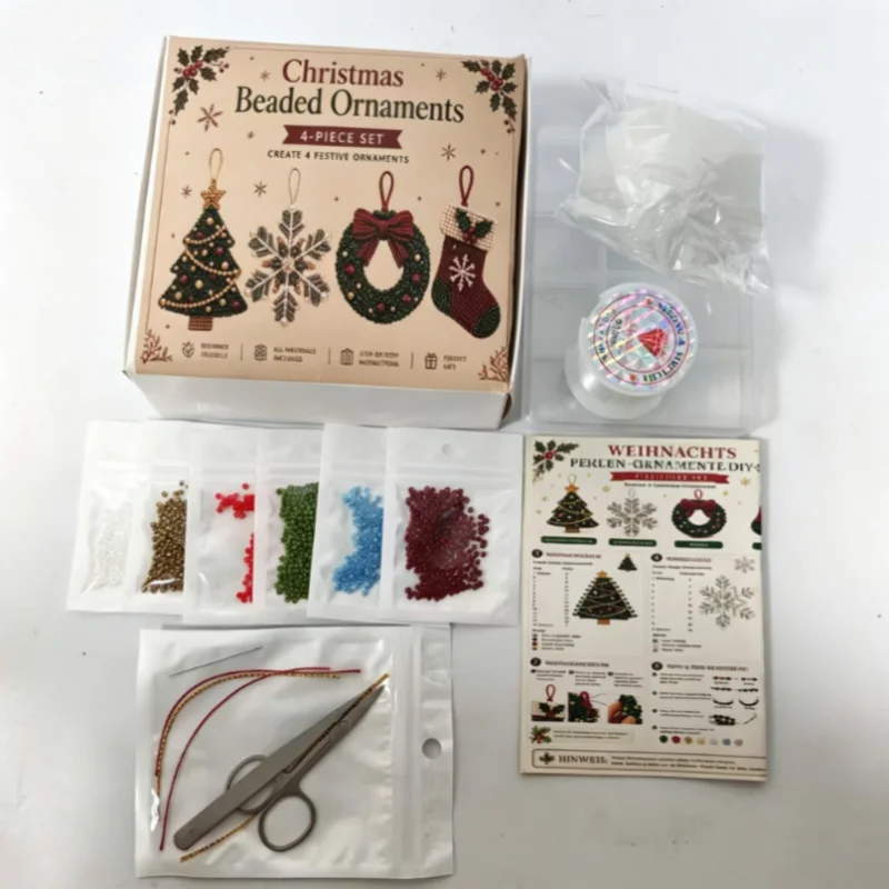 Christmas Beaded Ornaments DIY Kit, 4Pcs Handmade Beading Set, Xmas Tree, Snowflake, Wreath & Socks, Holiday Craft Gift  ﻿