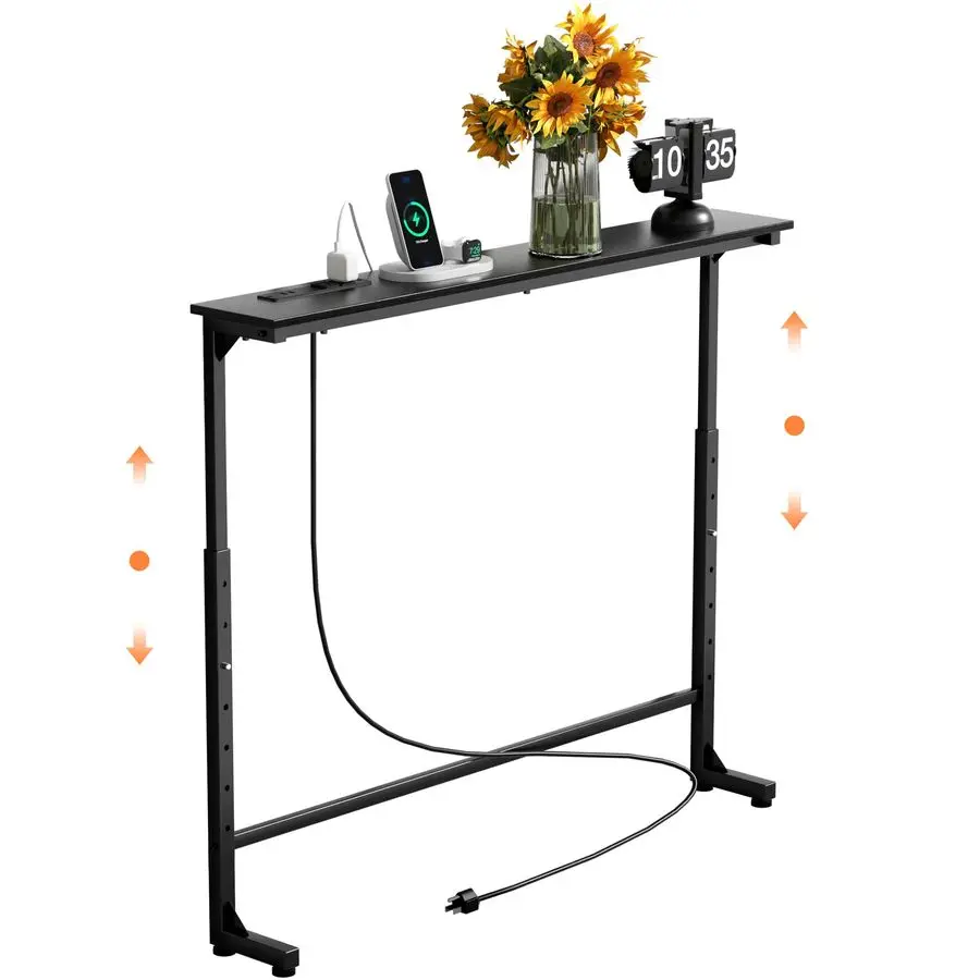 

45 Adjustable Height Narrow Console Table with Power Outlets, Long Sofa Table with Charging Station Behind Couch Table Skinny E