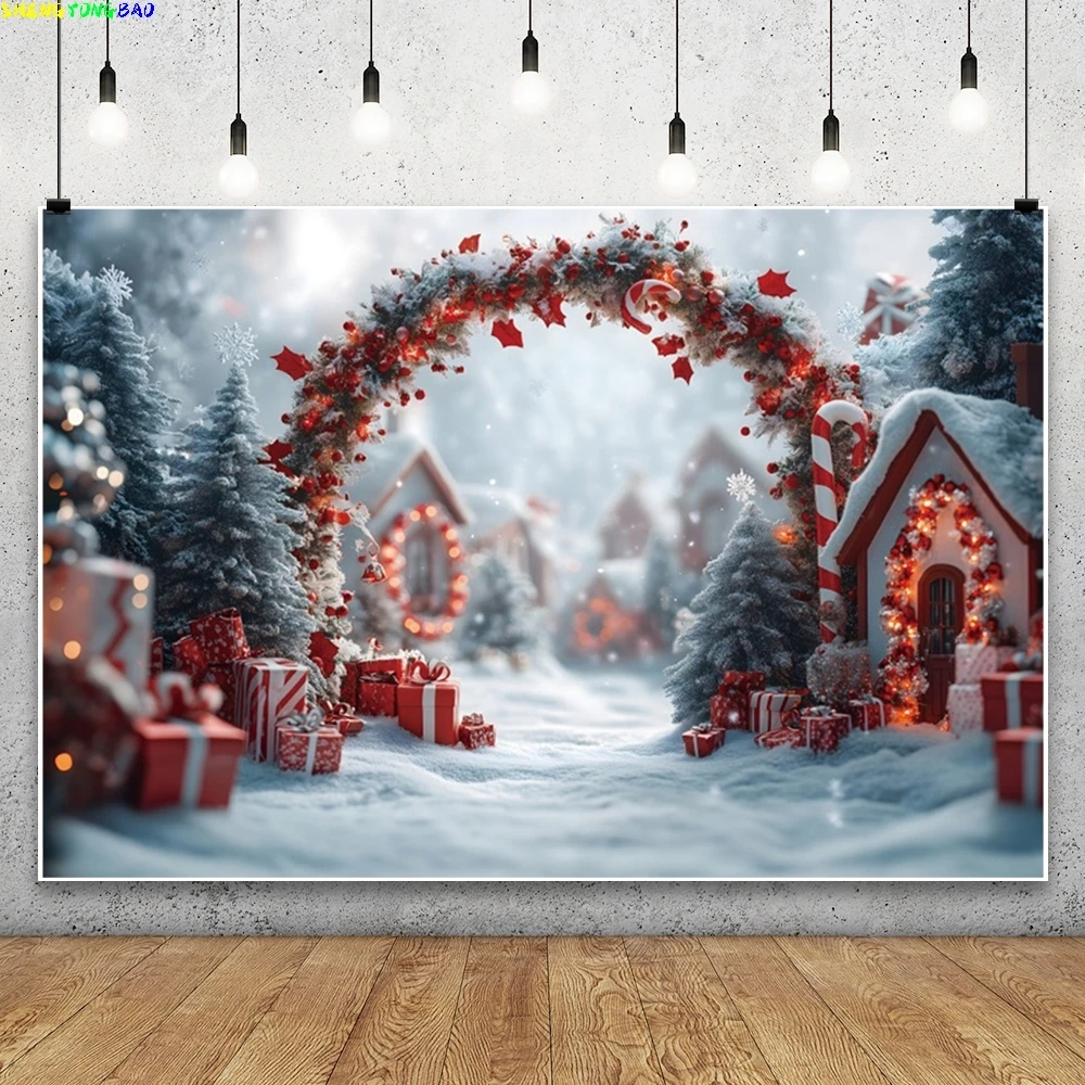 Winter Christmas Photography Backdrop Town Street Snow Scene Candy Cane Xmas Tree Family Party Decor Baby Portrait Background