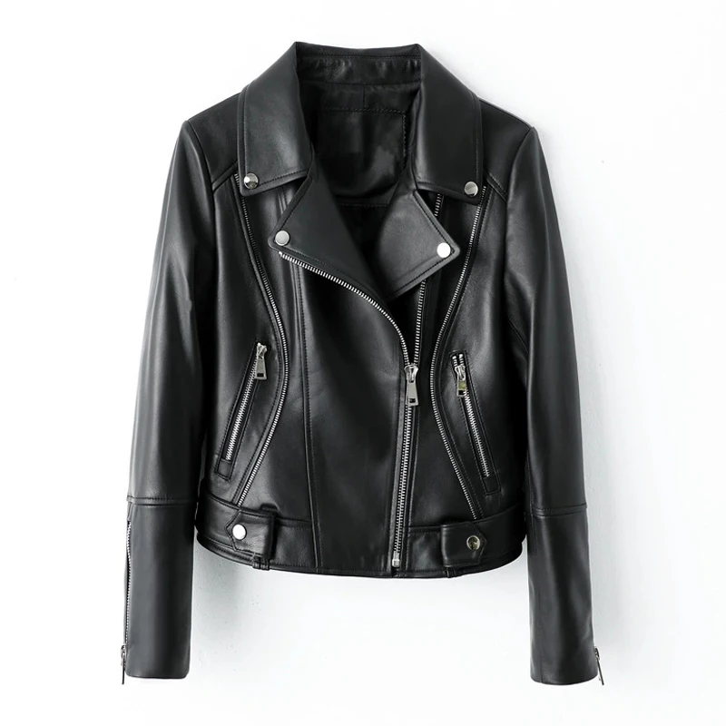 Giacche in vera pelle di pecora da donna Cappotti corti con cerniera nera 2025 Giacche casual in pelle da motociclista e da donna con vita slim fit
