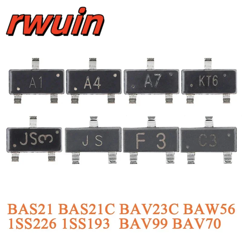 100pcs BAW56 A1 BAV70 A4 BAV99 A7 BAV23C KT6 BAS21C JS3 BAS21 JS SOT-23 SMD Switch Diodes 1SS226 C3 1SS193 F3