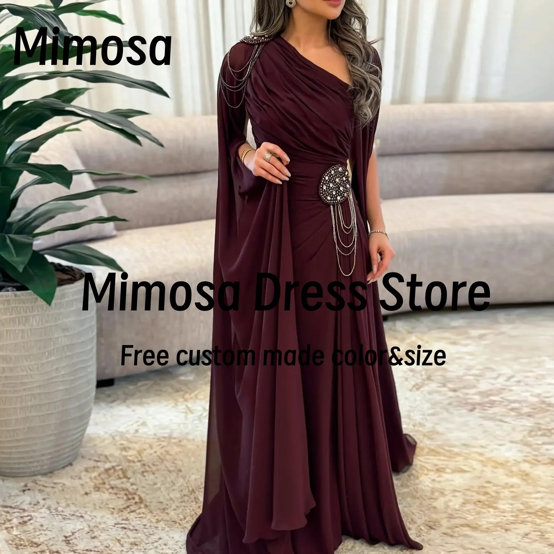 Mimosa Saudi Arabia Prom Dresses Flutter Sleeves Beaded Decoration Evening Gowns Long Chiffon Special Occasion Dress Customized