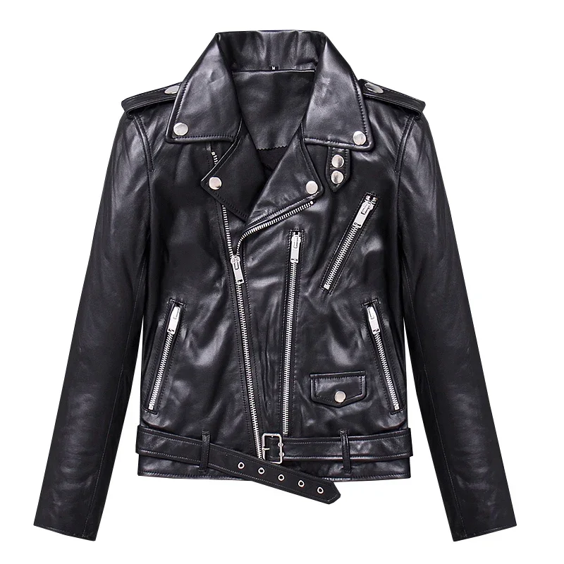 Kulit Domba Mantel Pendek Kulit Asli untuk Wanita Pakaian Sepeda Motor Biker Jaket Slim Fit Chaquetas Mujer 2020 X-1763N KJ3648