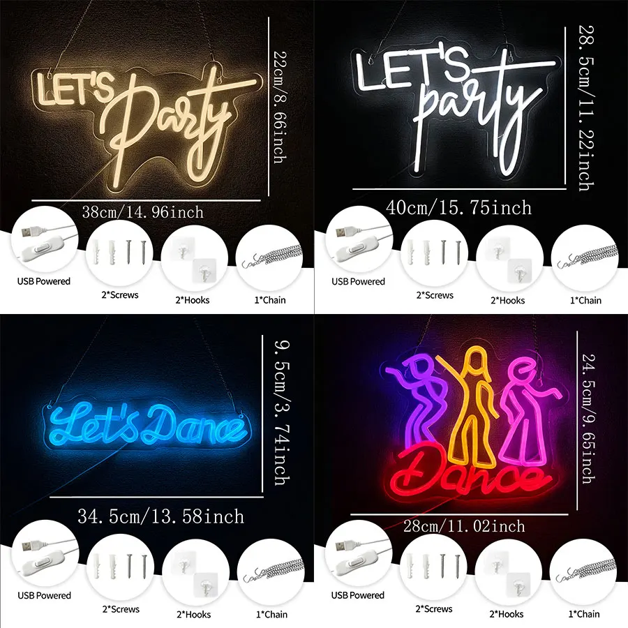 Neonowy szyld \"Dance Party\", litery, zasilany przez USB, do pojedynczych imprez, na bal, do baru, klubu, studia tanecznego, dekoracja artystyczna, łatwy do zawieszenia.