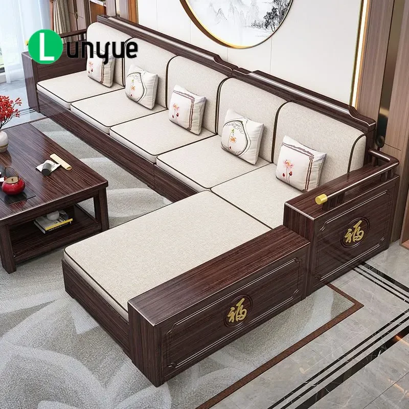Ebony Solid Wood Sofa Set Living Room New Chinese Style High Box Storage Dual Purpose Winter Summer Princess Design Furniture