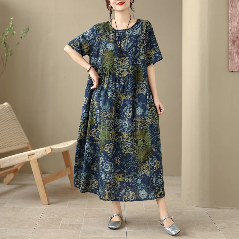 

Новое летнее хлопковое платье в стиле ретро с круглым вырезом, карманами и короткими рукавами, женское, свободного кроя, А-силуэт, в художественном стиле, для прогулок по городу