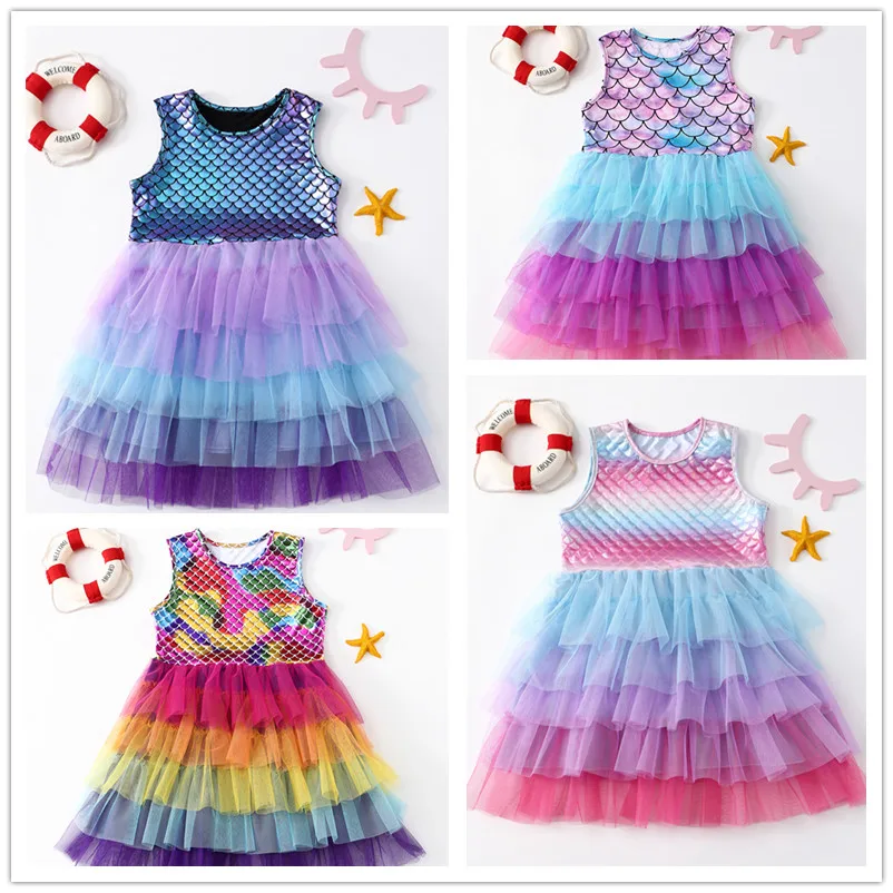 Girls Dress Summer Sleeveless Polyester Tutu Dresses for Girls 3-7 Years Girls Perform Mermaid Dress Knee-Length