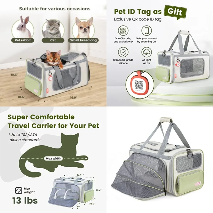

Cat Carrier with ID Tag, TSA Airline Approved Soft Sided Collapsible Pet Travel Carrier, Portable Comfortable Convenient Foldab