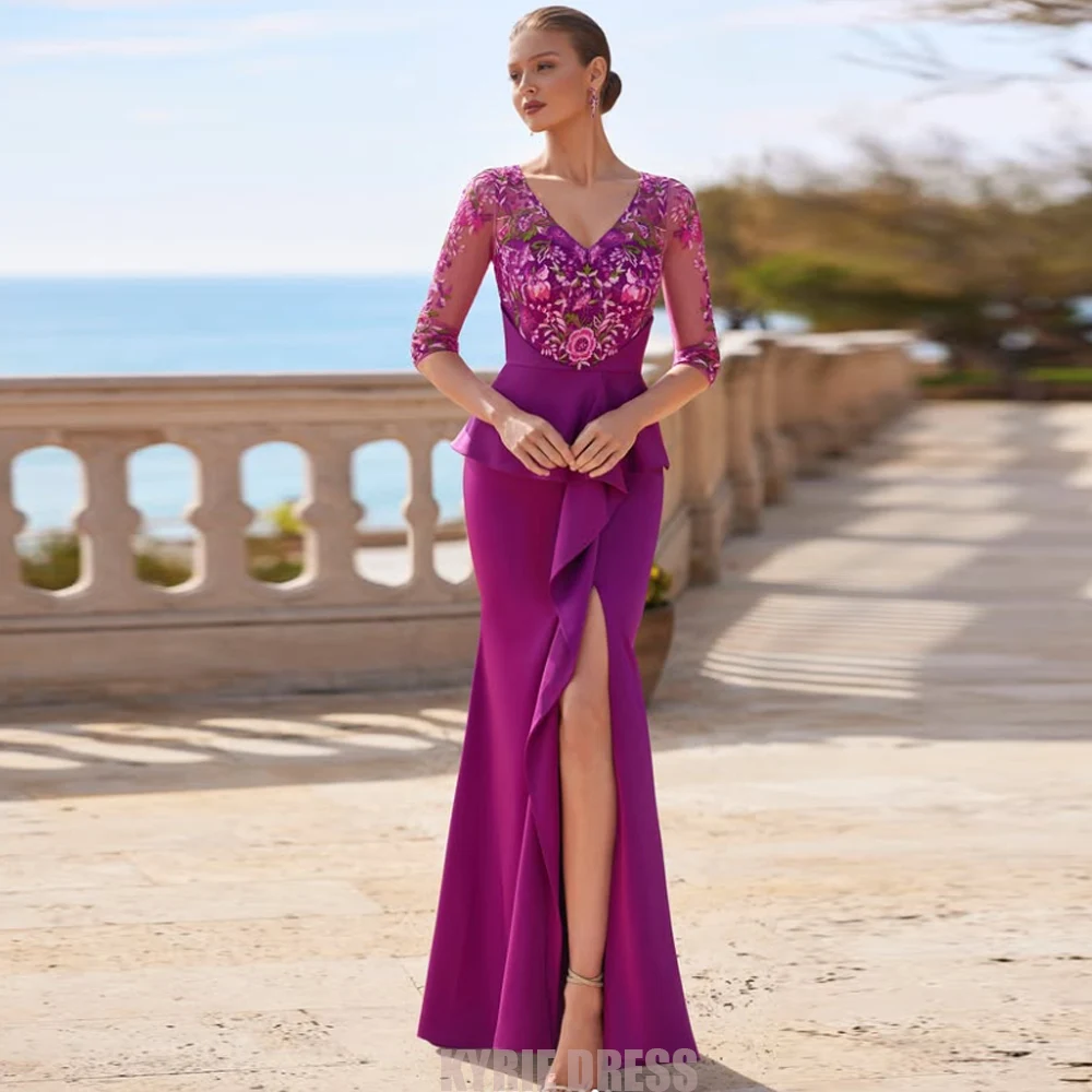 Customzied Mother of The Bride Dress Lace FlowersEmbroidery 3/4 Sleeves V Neck Split Women's Wedding Guest Gown Evening Dresses