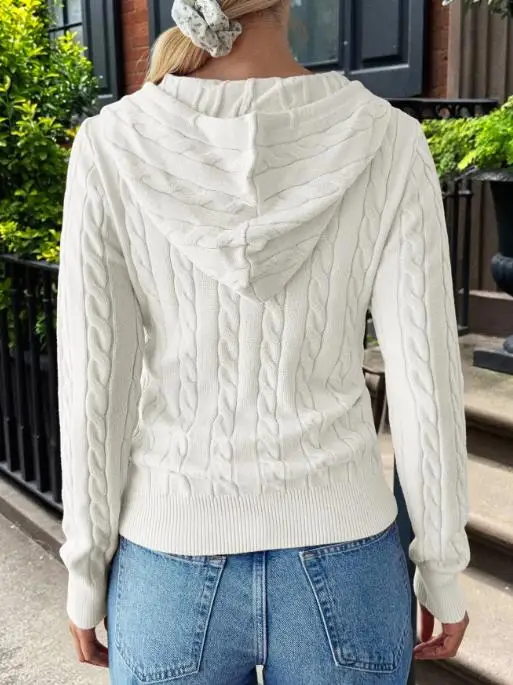 

Autumn and Winter 2025 Solid Color Hooded Long Sleeved Knitted Jacket for Women's Casual,simple, Slim Fit, Lace Up Zipper Jacket