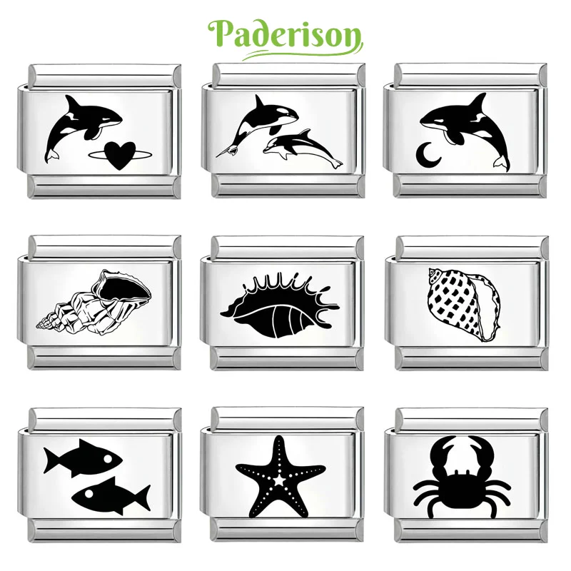 Paderison-Aço Inoxidável Ocean Series Charm Links, Lua, Amor, Golfinho, Conch, Starfish, italiano Pulseira, se encaixa 9 milímetros Pulseira, DIY Fazer Jóias