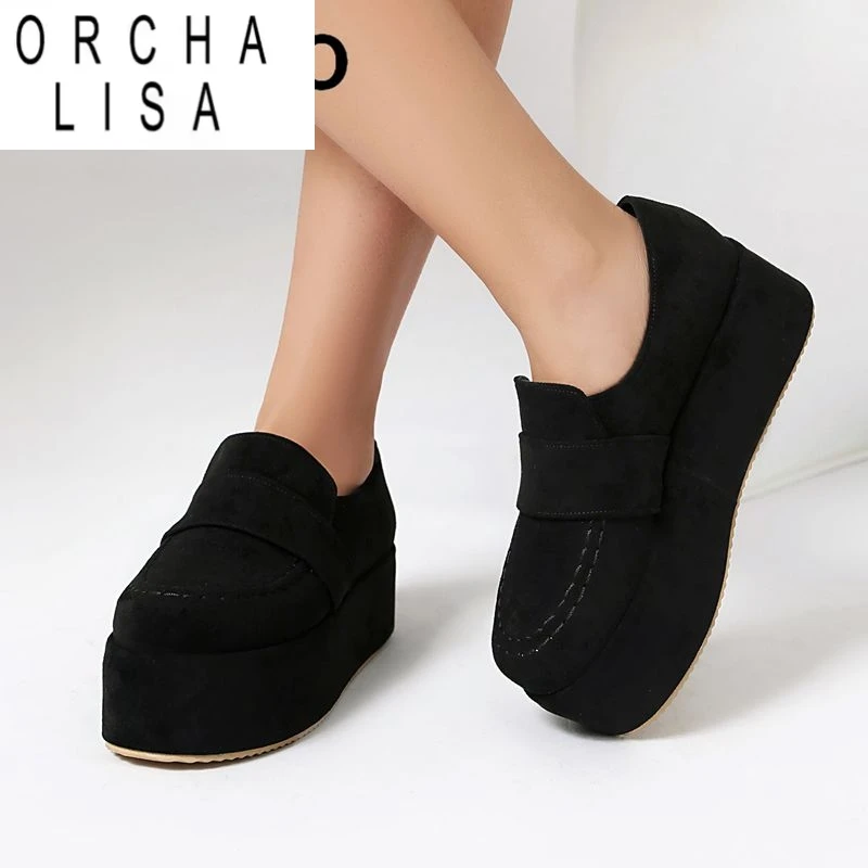 

ORCHA LISA 2025 Женские туфли-лодочки для отдыха из флока, замши, с круглым носком, на толстом каблуке 5 см, на платформе Hill, большие размеры 43 44 45, повседневная обувь без шнуровки