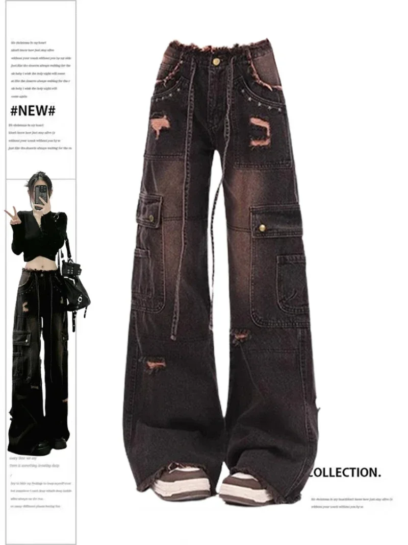 Women's 90s Vintage Black Gothic Cargo Jeans Y2k High Waist Wide Leg Denim Trousers Harajuku Baggy Jean Pants Oversized Clothes