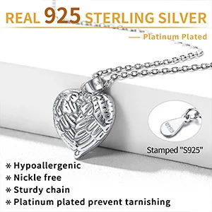 U7 Custom 925 Sterling Silver Urn Necklaces for Ashes Angel Wings Heart Pendant with Birthstones Funeral Cremation Jewelry Gift