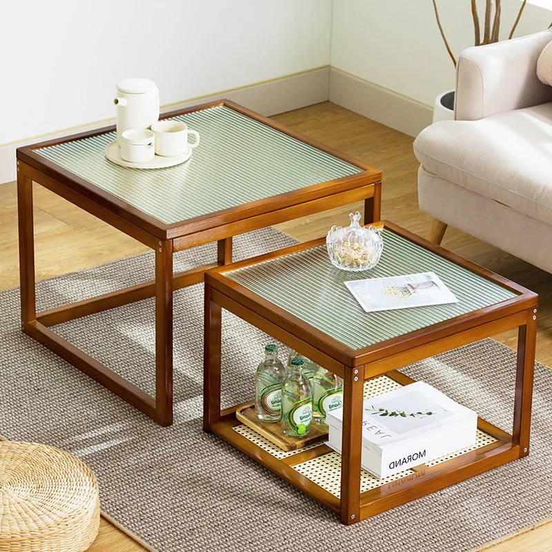 Bamboo Glass Coffee Table, Scratch-Resistant Small Tea Table, Minimalist Living Room Side Table, Easy-to-Clean Mobile Furniture