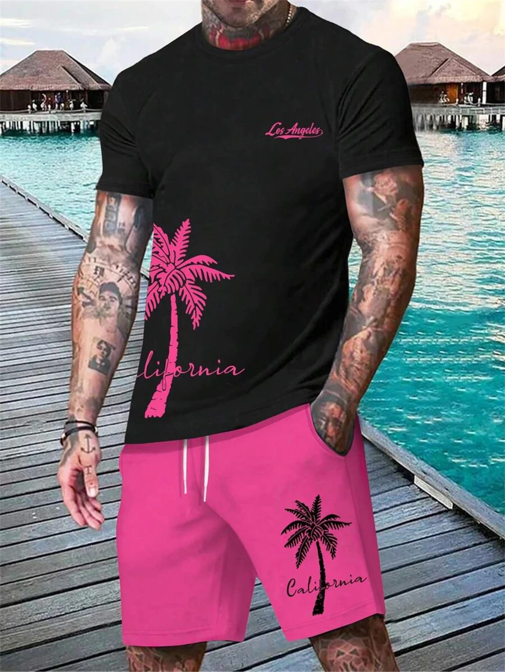 Men's Summer Two-piece Simple Coconut Tree Printed T-shirt Casual  Sports Short Sleeve Color Drawstring Shorts Men's Clothing