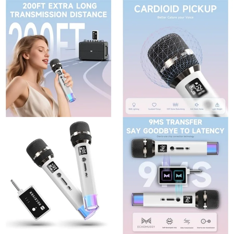 

Wireless Microphones, Microphone with One-to-One Chip Connection and LED Lights, 40H Duration, 200FT Range Receiving, Volume Co
