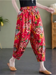 Summer Fashion Women's Chinese Traditional Vintage Style Loose Casual Thin Pants Female Cotton Linen Floral Print Ankle Trousers