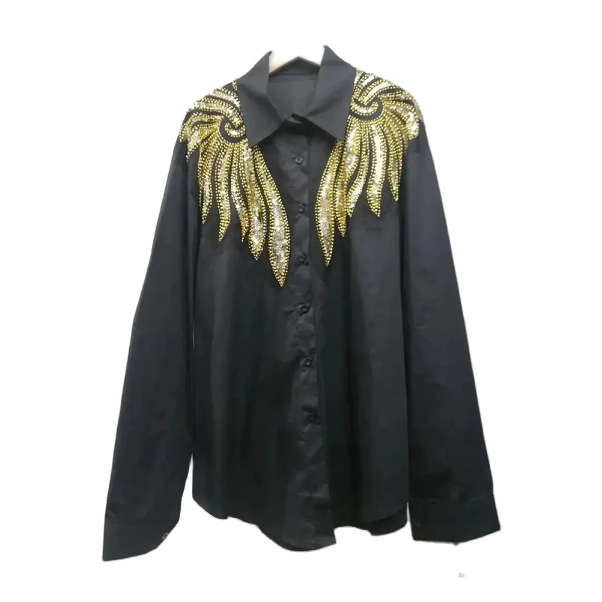 Women Shirt Sequines Beading Wing Chiffon Turn-down Collar Lapel Blouse Casual Autumn Spring Long Sleeve Top