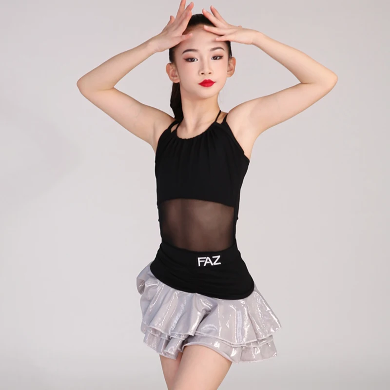 

New Latin Dance Suit Summer Black Leotard Silver Tiered Skirt Girl Performance Stage Wear Rumba Samba Training Clothes AMY1824