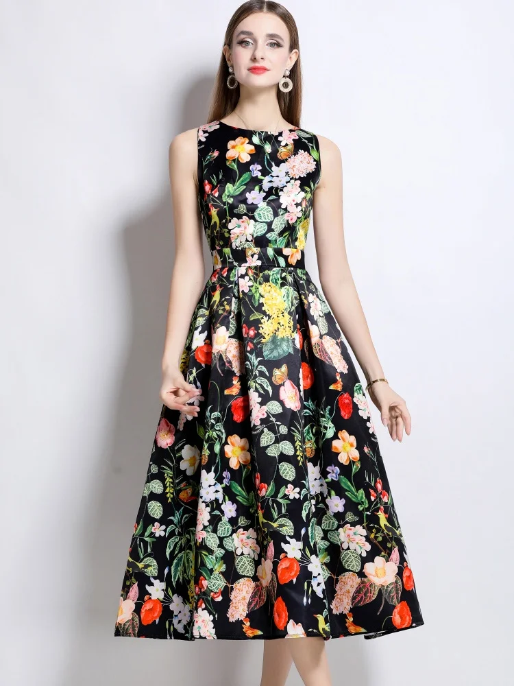 

SMTHMA Floral Dresses 2025 Summer Women Sleeveless Holiday Maxi Robe Fashion O-Neck Party Printed Dress Waisted Sundress