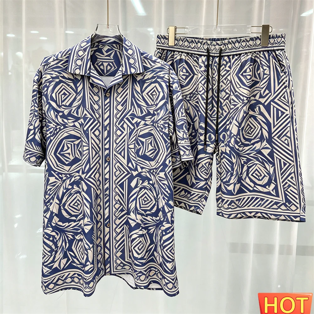 

Geometric Pattern Men's Shirt Set Summer men's casual two-piece set breathable 2 piece set Shirt shorts men' outfit Men clothing