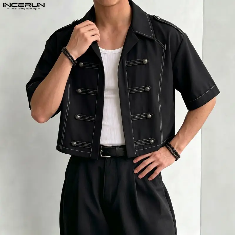 INCERUN Men's Shirt Solid Lapel Short Sleeve Double Breasted Male Shirts Streetwear Loose Fashion Casual Crop Tops Men Clothes