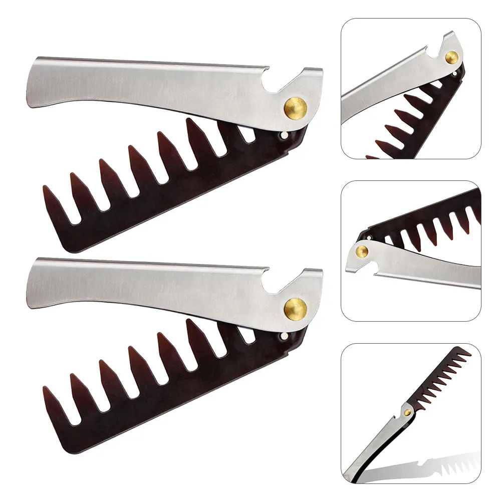 

2Pcs Folding Men Comb Vintage Oil Hair Brush Stainless Steel Lightweight Portable Wide Teeth Beard Styling Tool