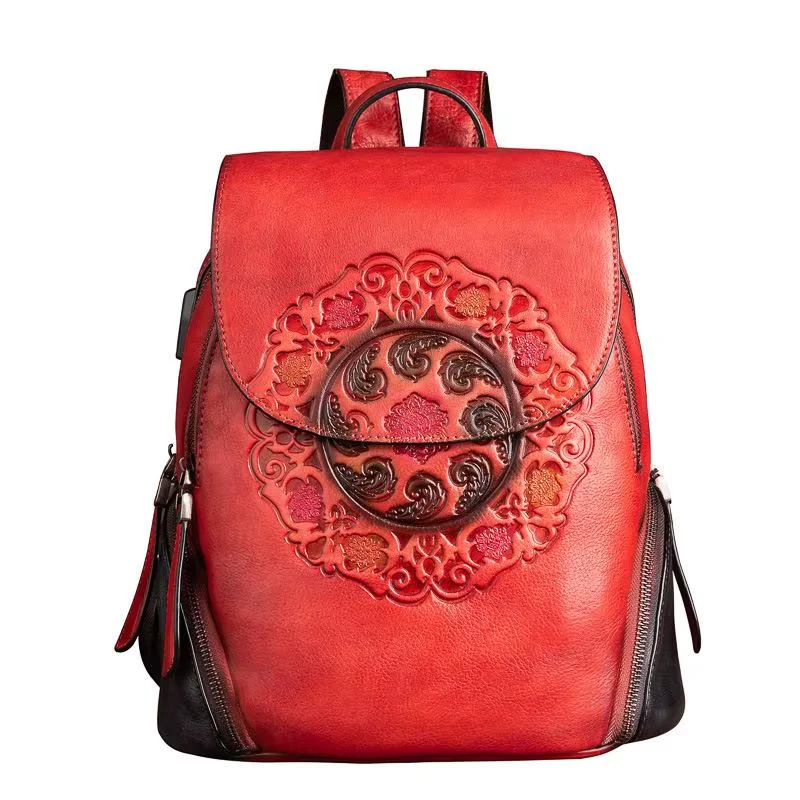 Fashionable Backpack, Retro leather Women's Backpack, New Handmade Embossed Retro Bag, Chinese Style Women's Backpack