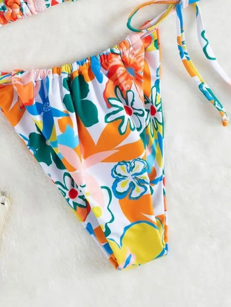 Floral Print Halter Triangle Bikini Swimsuit