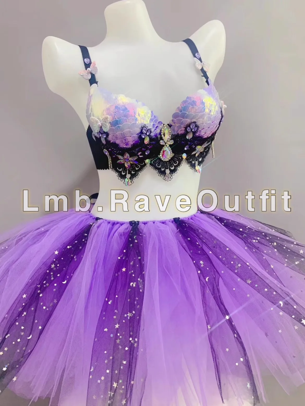 Glitter Purple Shell Scale Sexy Bikini Puff Skirt Set Jazz Dance Shiny Stage Wear Bar Nightclub DJ Dancer Singer Party Show Wear