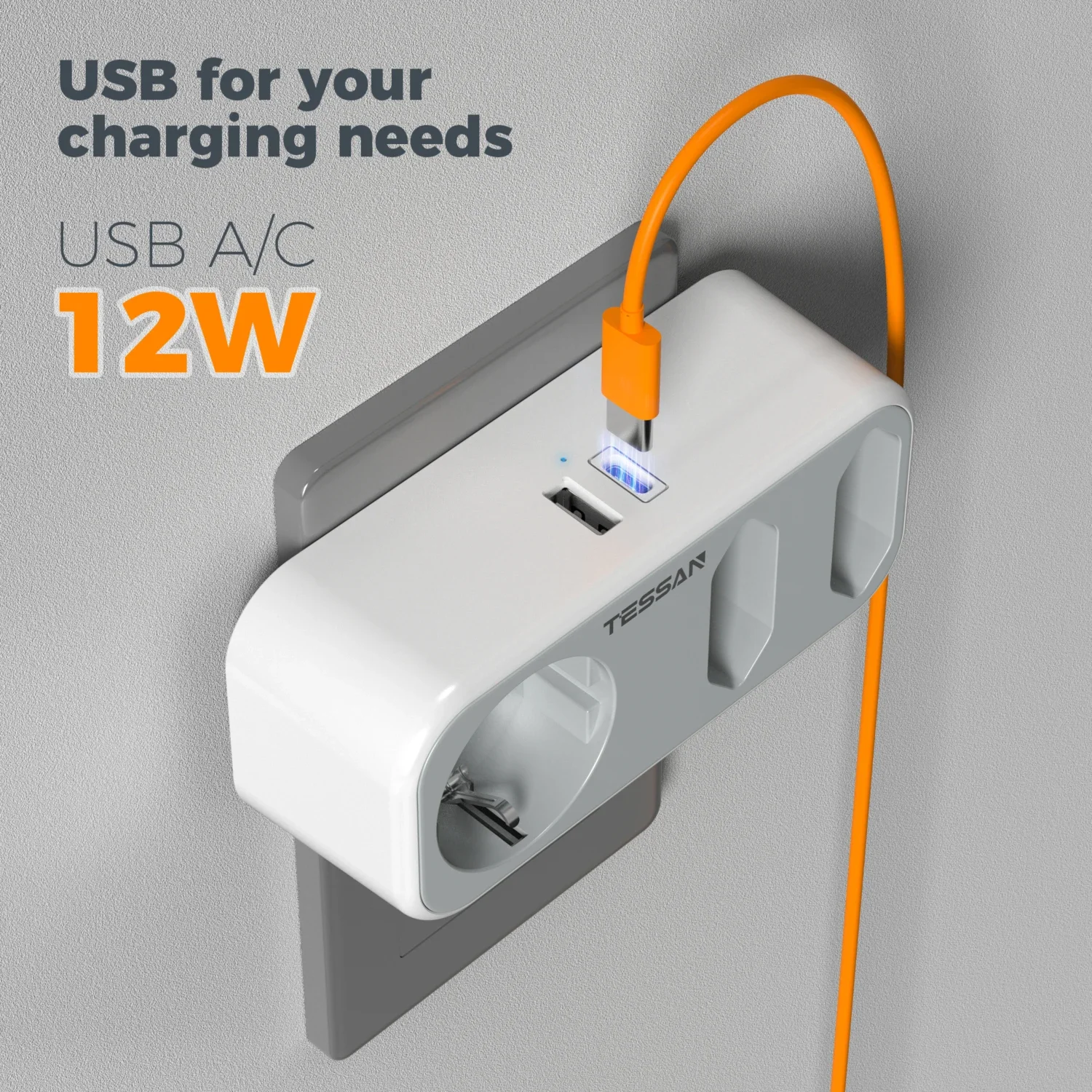 Listwa zasilająca z wieloma gniazdami ściennymi TESSAN z 3 gniazdami, 1 port USB, adapter typu C Gniazdo wtykowe 5 w 1 z zabezpieczeniem przed