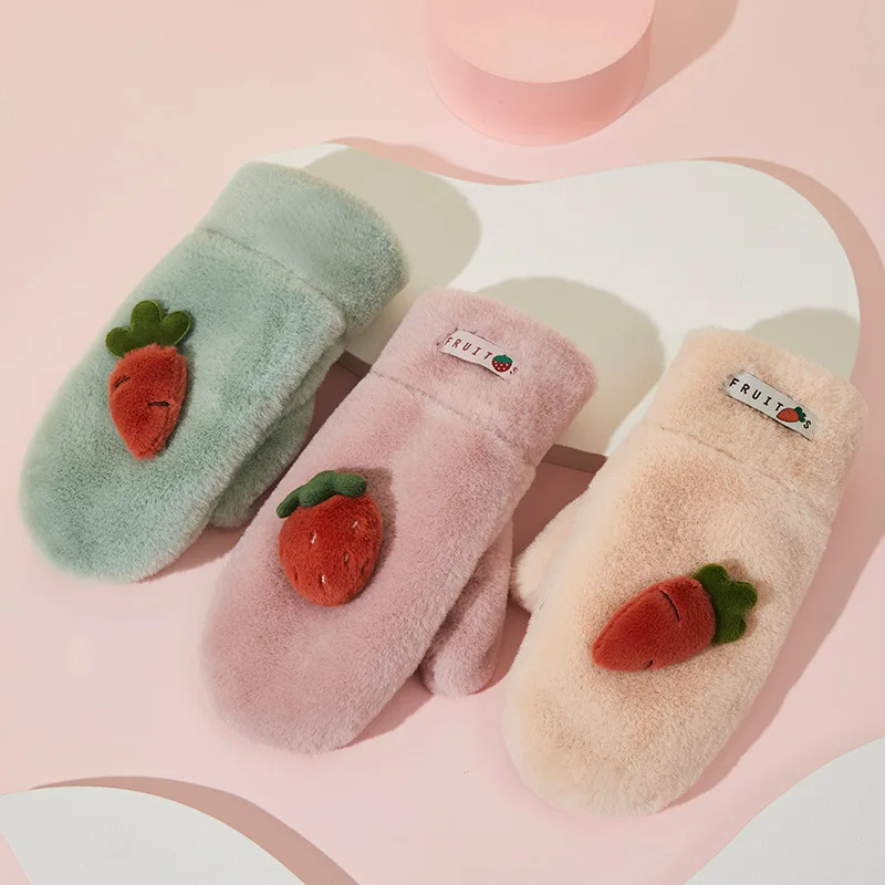 

Winter Fruit Gloves Thicken Faux Fur Gloves for Children Warm Plush Mittens Kids Boys Girls Fluffy Full Fingers Gloves Accessory