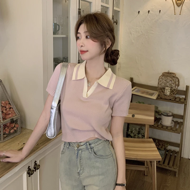 Women's Color Contrast Casual Knitted T-shirt Summer Temperament Lapel Short Sleeve Slimming Verstatile Crop Top .