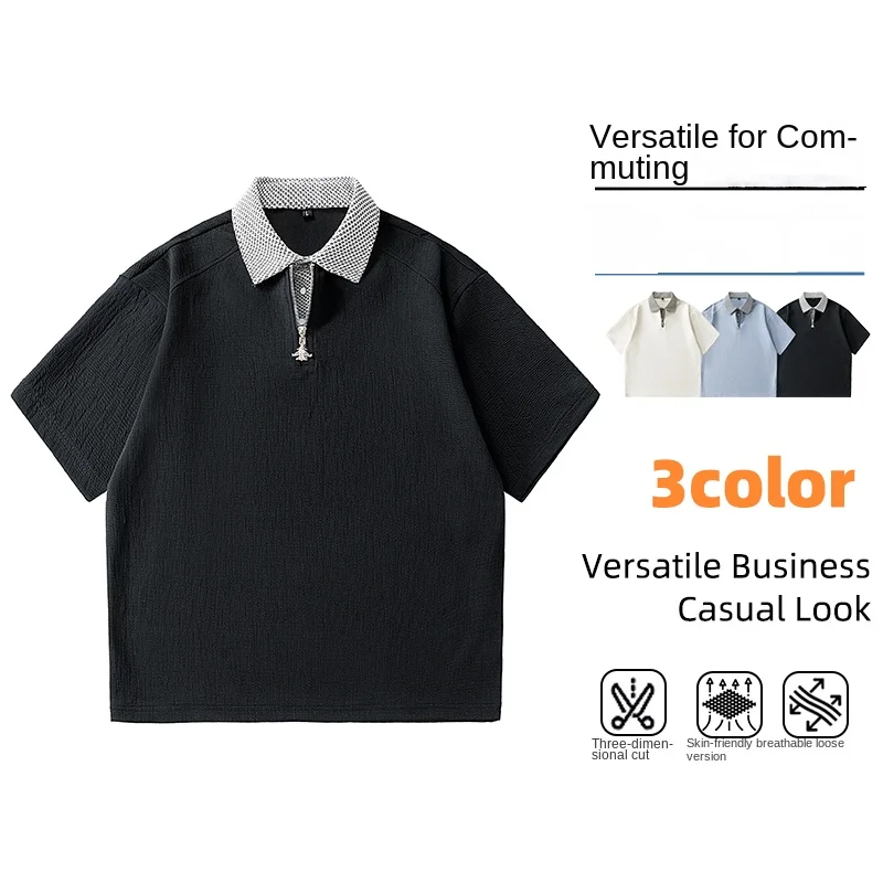

Men s Polo Shirts T shirt Summer Fashion Contrast Half Zip Collar Short Sleeve Loose Fit Casual Versatile Top