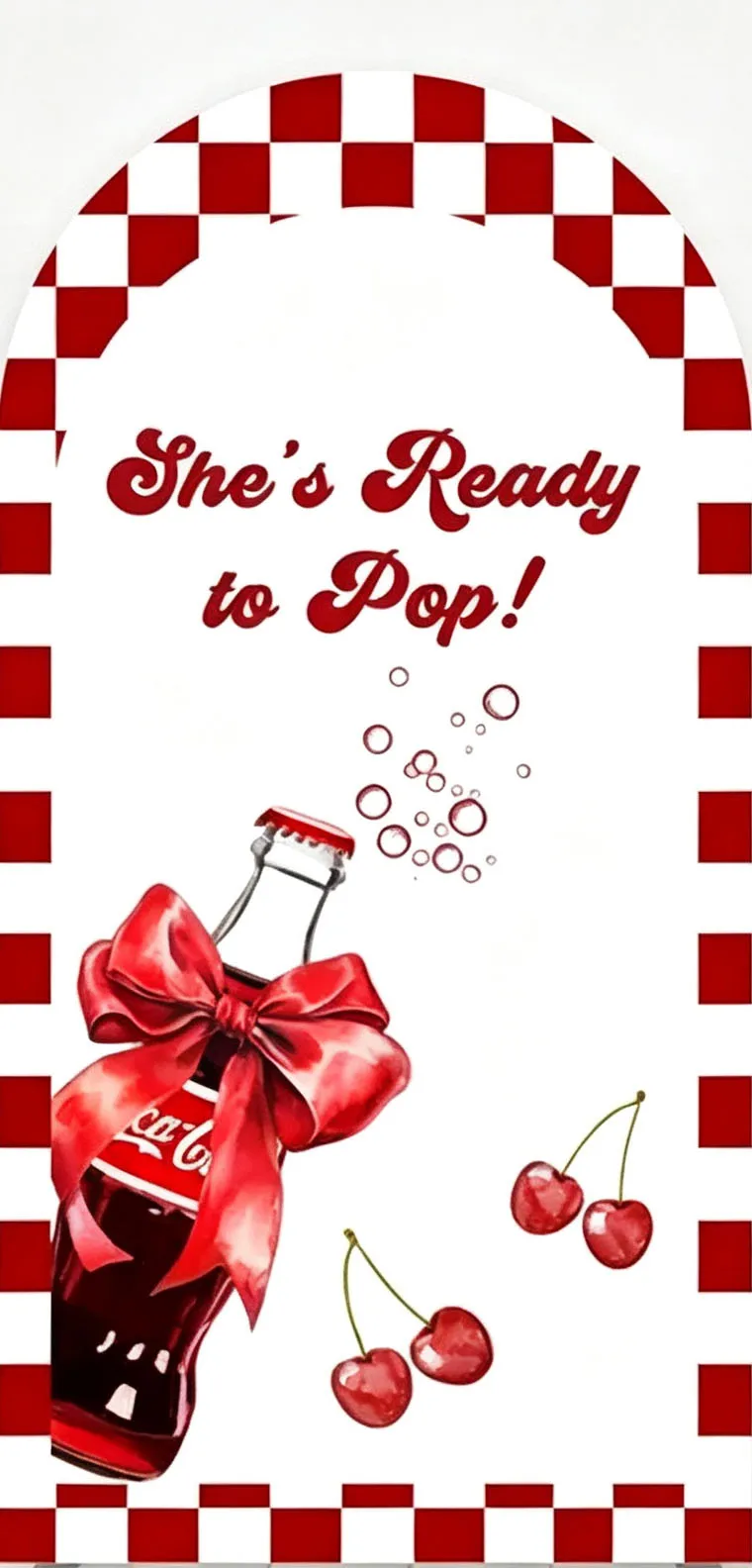 Custom Double-Sided She's Ready to Pop Baby Shower Arch Backdrop Covers Red Coke Cherry Birthday Party Photobooth Background