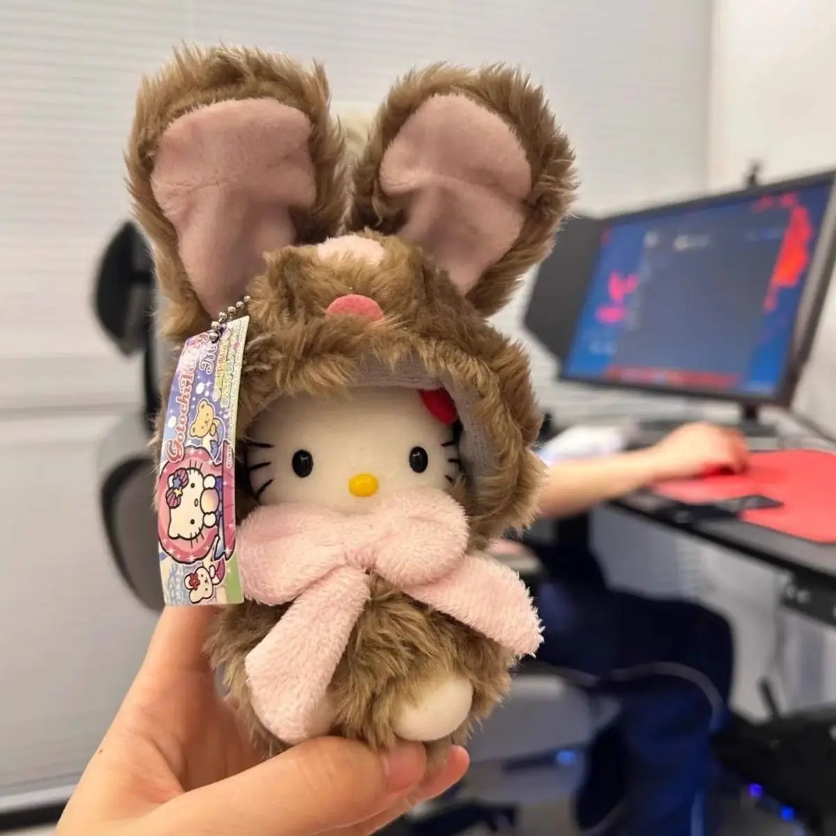 

Плюшевая игрушка-брелок Sanrio Hello Kitty с большими кроличьими ушками, наполненная пухом и хлопком, подвеска для рюкзака, украшение, подарок для девочки