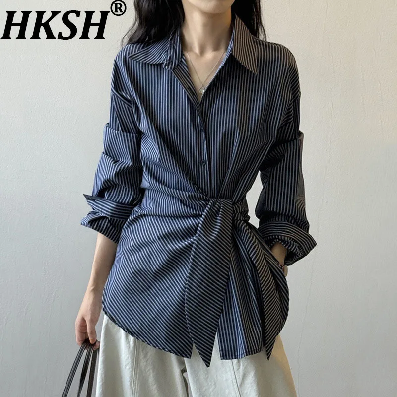 

HKSH Autumn New Women Shirt Striped Waist Tie Slim Fit Single Breasted Turn-down Collar Korean Elegant Trendy Casual Top HK11565