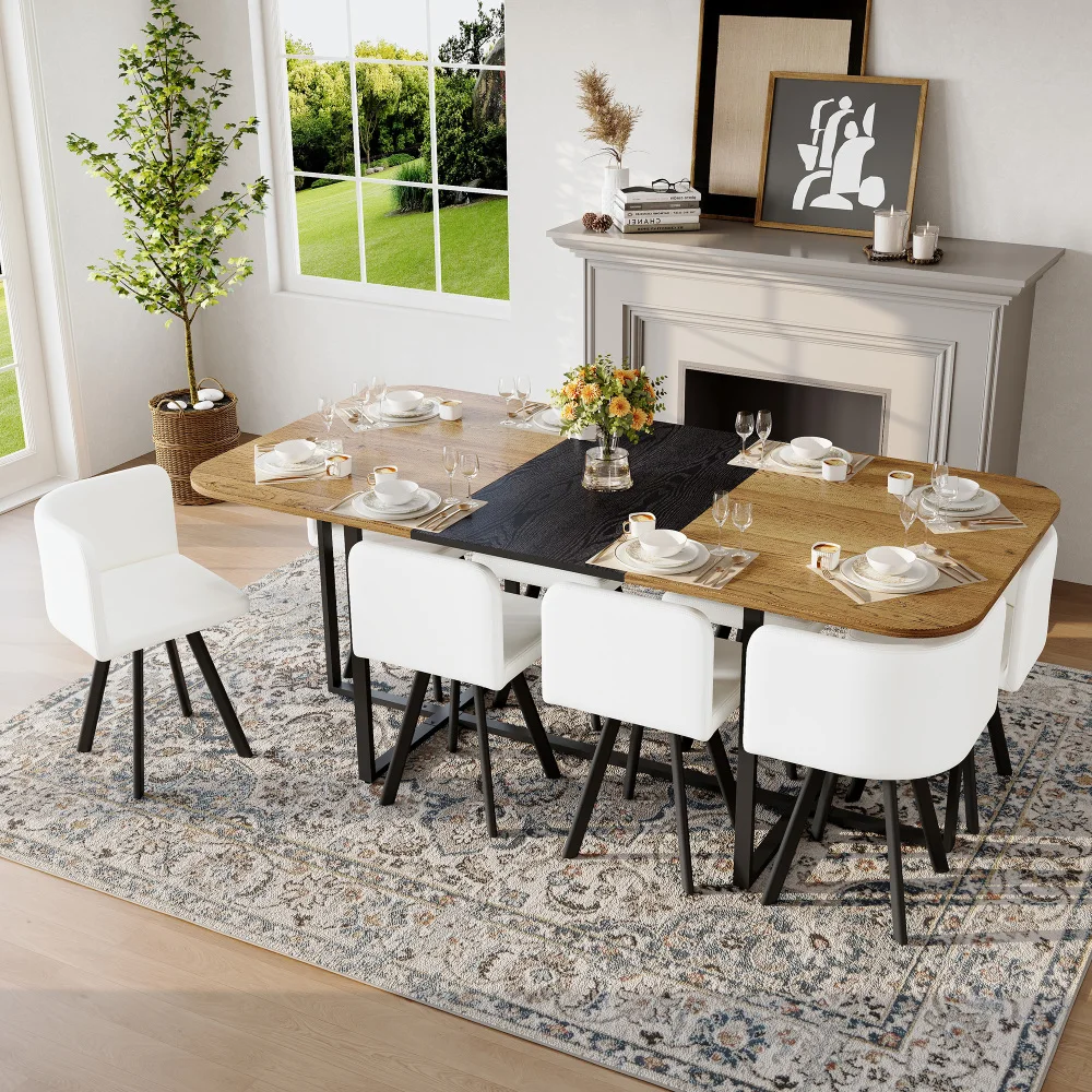 

9-Piece Dining Set: Fixed Two-Tone & Black Wood Top, 8 White PU Chairs, Modern 8-Person