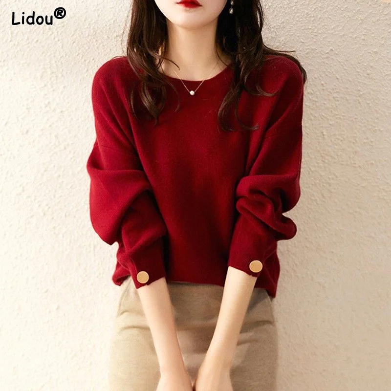 

Solid Sweaters Loose Autumn Winter Thick Pullovers Straight Round Neck 2022 Women's Clothing Button Knitted Temperament Elegant