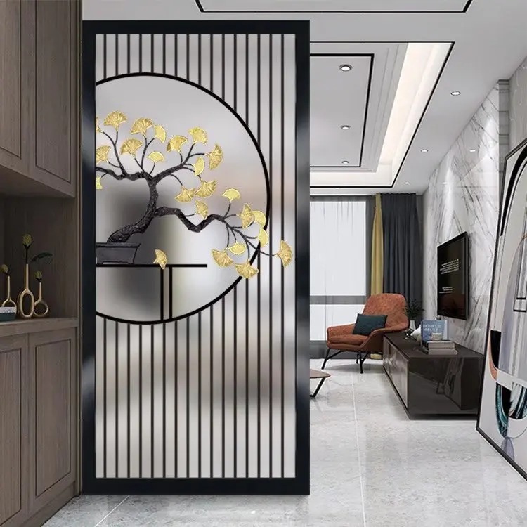 Luxury Modern Golden Art Living Room Entrance Decorative Tempered Partition Wall Glass Screen